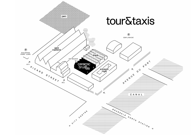 Site plan of Tour & Taxis: the fair, the entrance, the car parks and the canal.
